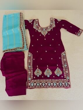Elegant Maroon & Teal Embroidered Women Salwar Suit 3 piece Indian suit